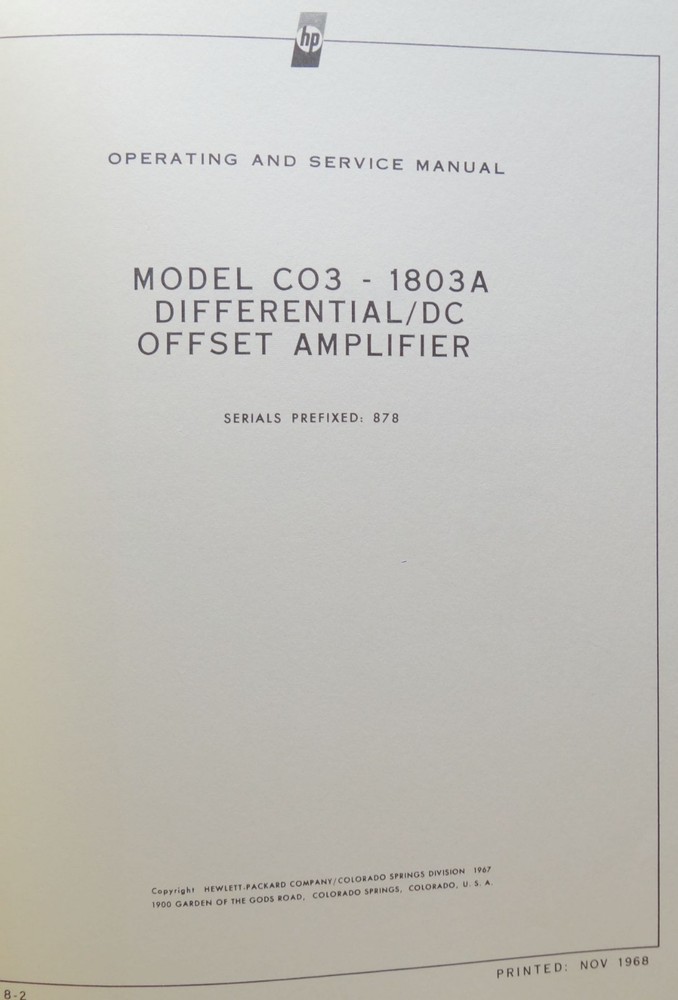 HP 1803A DEFFERENTIAL DC OFFSET AMPLIFIER OPERATING & SERVICE MANUAL