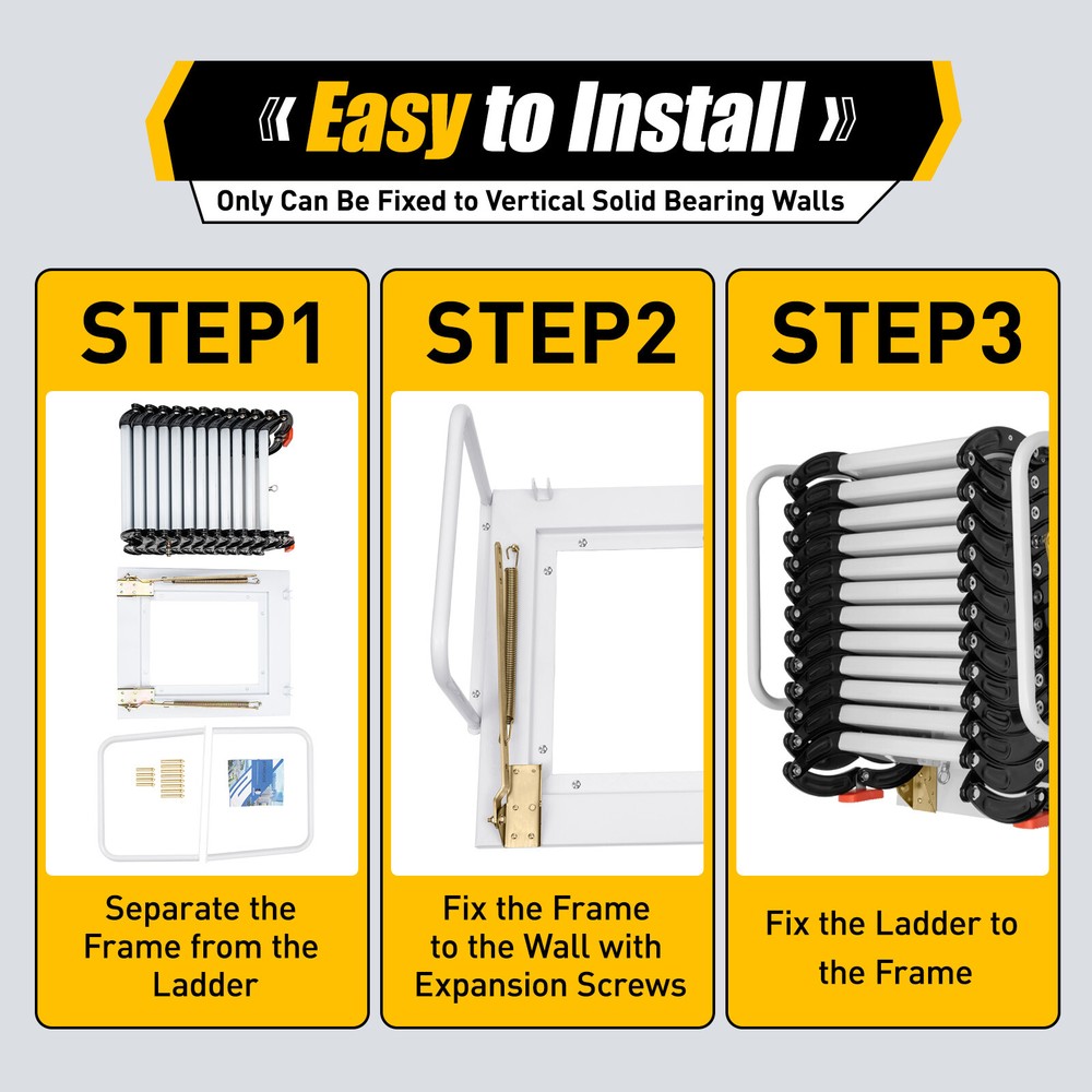 12 Steps Attic Ladder Folding Loft Ladder Wall Mount 10ft Pull Down Attic Stairs