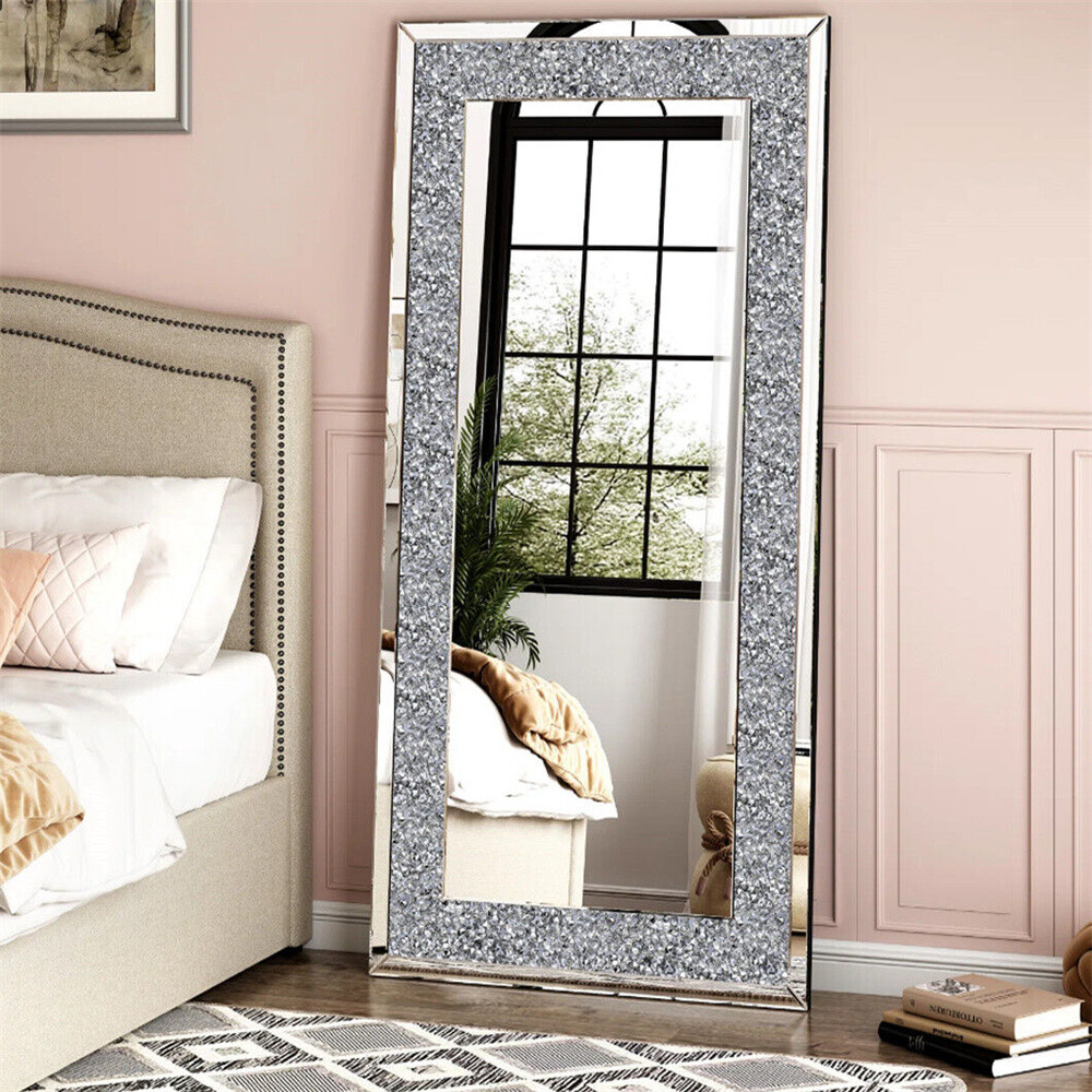 Large Crystal Crush Diamond Rectangle Silver Mirror Wall Hang Frameless Mirror