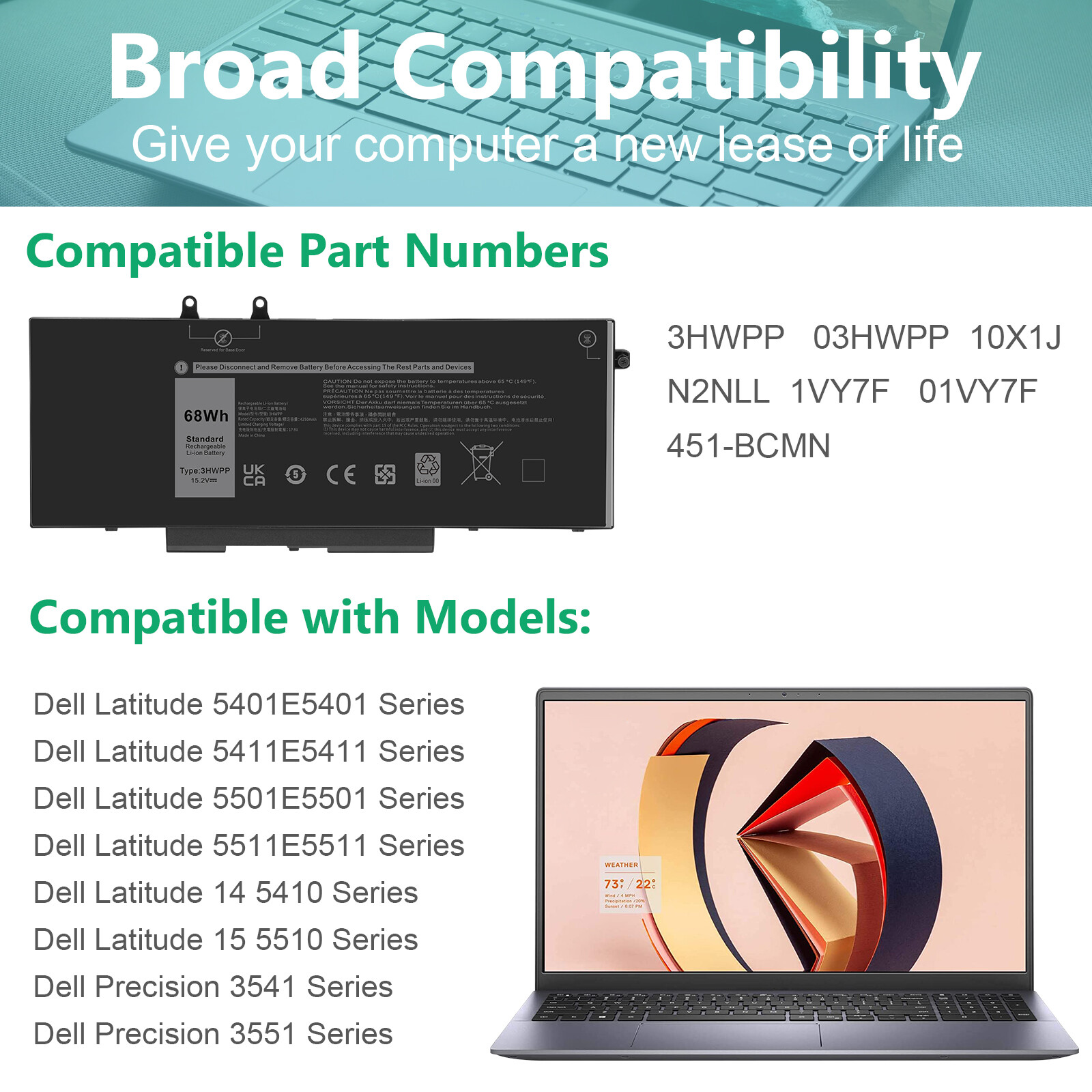 Lot Battery 3HWPP For Dell Latitude 14 5401 5411 15 5501 5511 Precision 3541