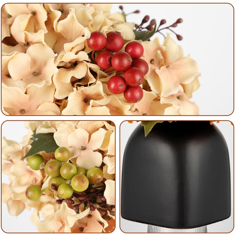 Briful Hydrangea Artificial Flowers in Ceramic Black Vase, Beige Silk Hydrang...