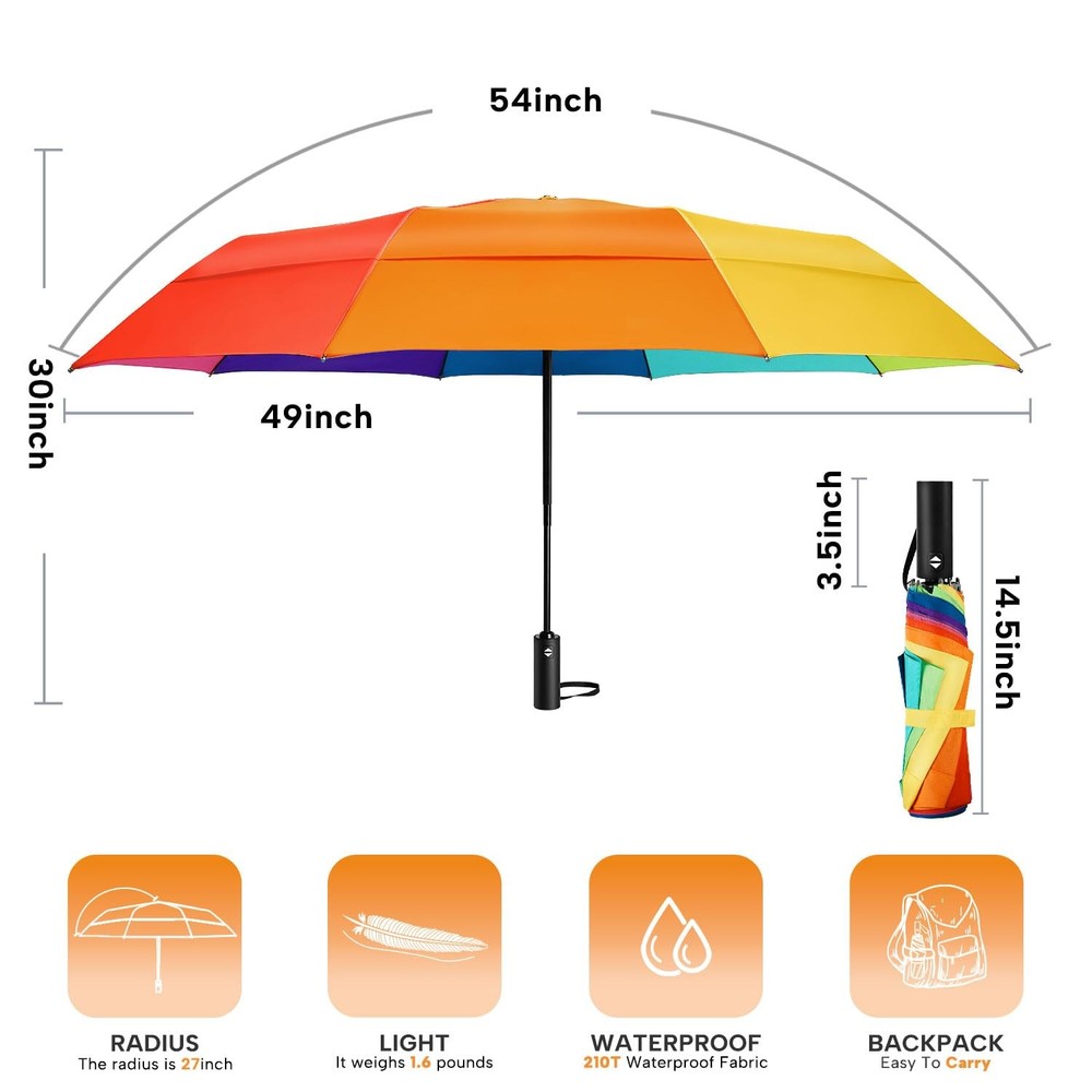 Rainbow Umbrella For Adults Oversized 54inch Double Layer Windproof Extra Large
