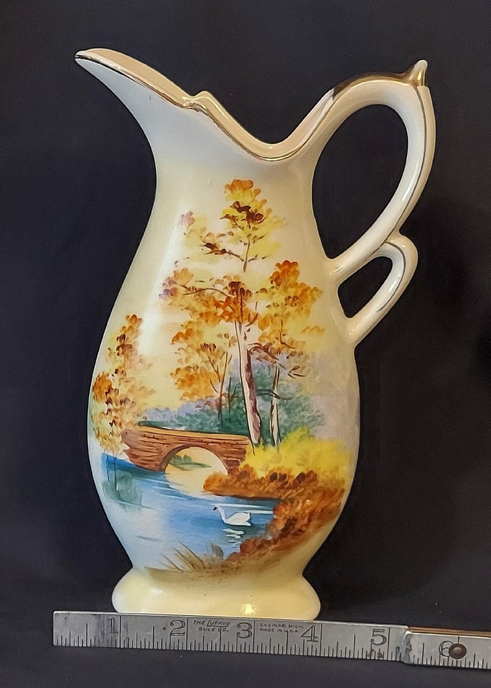 Handpainted Pitcher Swan Bridge Maple Trees
