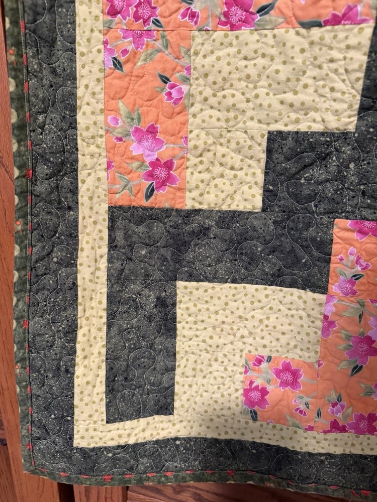 Patchwork Quilt Throw Blanket Handmade Signed Reversible Zigzag Floral 55”x39”