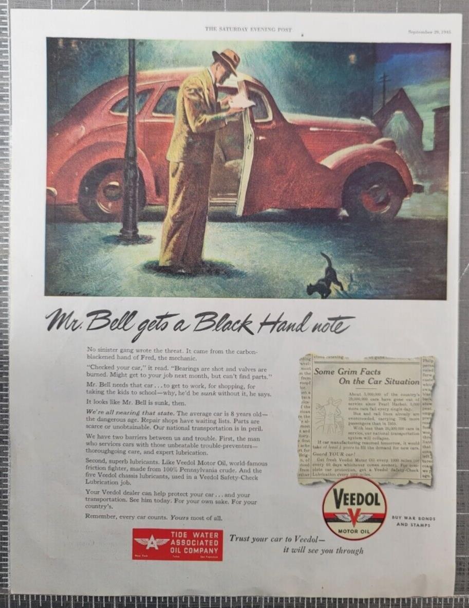1945 Veedol Motor Oil Print Ad Automobile