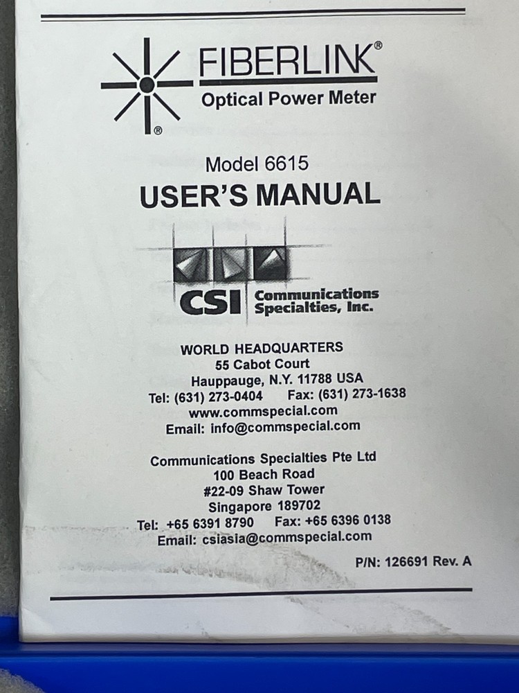 Fiberlink Optical Power Meter with test cables