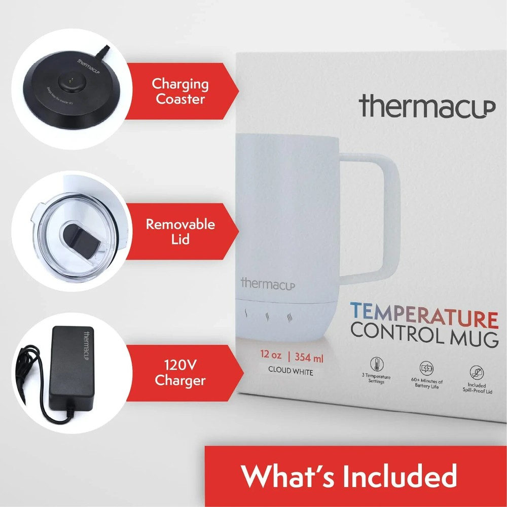 Thermacup Self-Heating Temperature Controlled Coffee Mug - 12 oz (Cloud White)