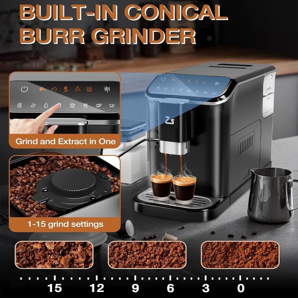 Fully Automatic Espresso Machine, 20 Bar Coffee Machine with Built-In Grinder