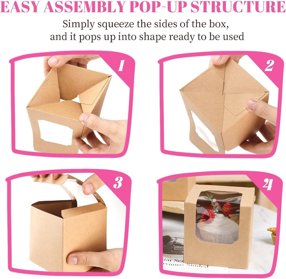 25 Pcs Cupcake Boxes Individual Cupcake Containers Pre-Assembled Single Cupca...