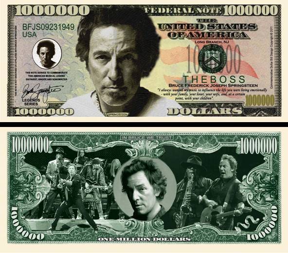 Bruce Springsteen Million Dollar Bill Play Funny Money Novelty Note +FREE SLEEVE