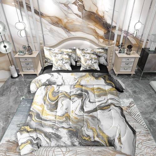 Marble Grain Size Bed Sheets and Comforter Set, Classic Full Grey White Gold