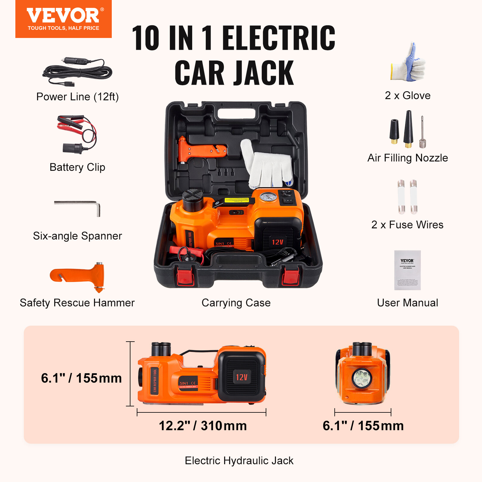 VEVOR Electric Car Jack w/Tire Inflator Pump 5 Ton 12V Hydraulic Car Floor Jack
