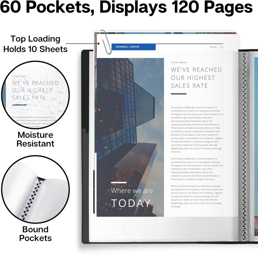 Dunwell 60 Pocket Presentation Book Binder 120 Pages Customizable Document Or...