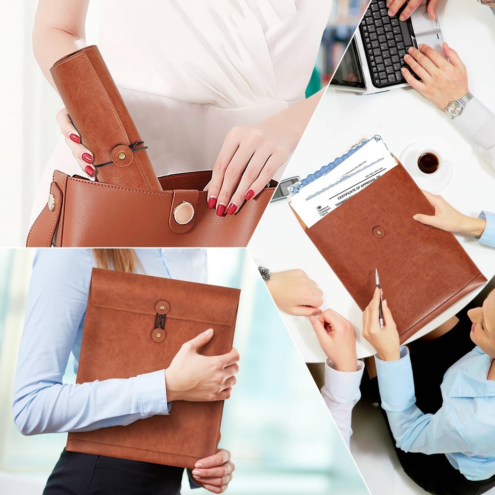 Brown PU Leather File Folder for Documents,Important Document Folder with Str...