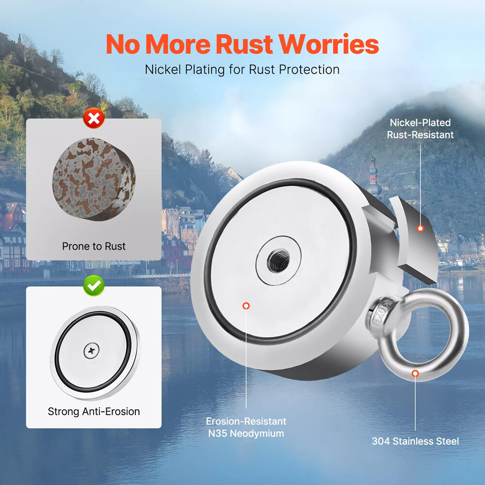 2000 LBS Strong Fishing Magnet Kit Double Sided Pull Force 20m Rope Carabiner