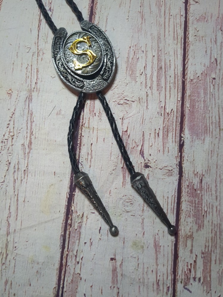 Silver Tone Horseshoe Bolo Tie Initial "S"