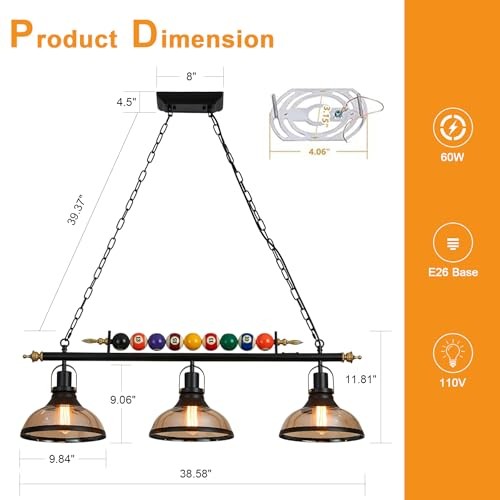 7'-8' Hanging Pool Table Light Billiard Pendant Light Adjustable Light, Retro