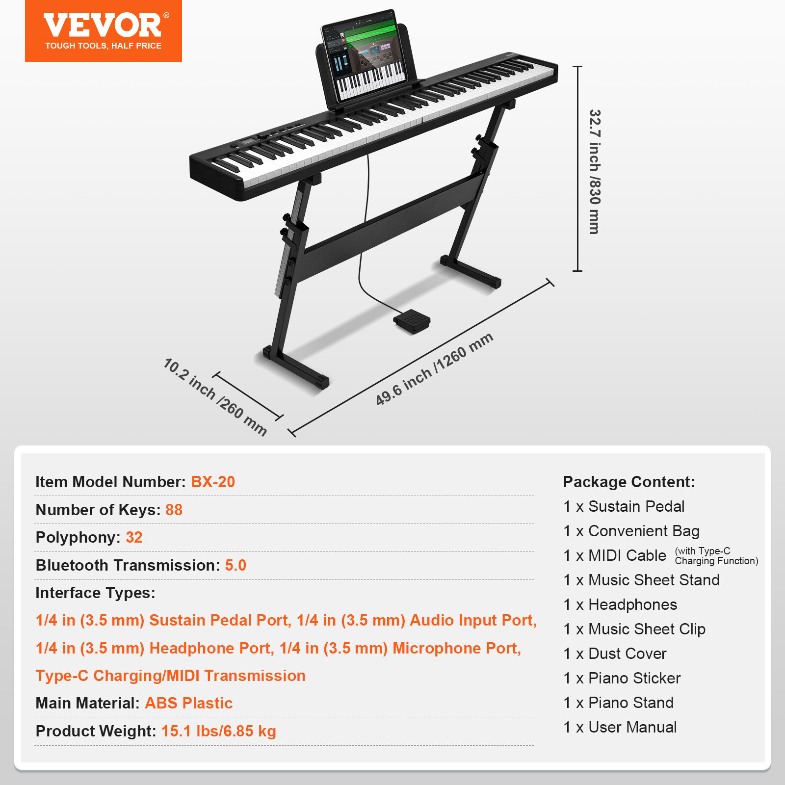 VEVOR 88 Key Folding Digital Piano Portable Keyboard Bluetooth MIDI with Stand