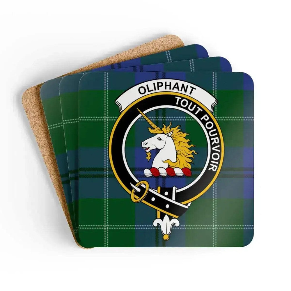 Oliphant Clan Crest Scottish Tartan Coaster Set