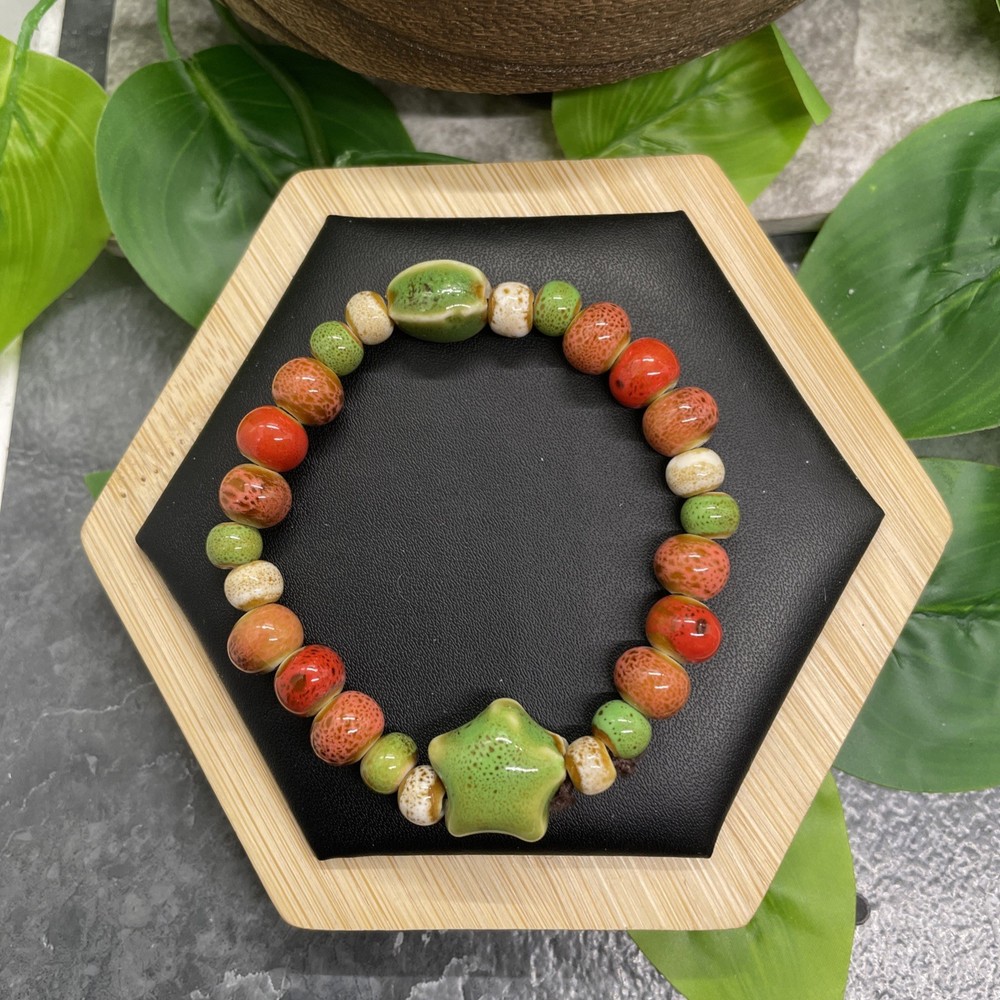 Handmade Ceramic Bead Beaded Stackable 6.5” Plus Stretch Bracelet New B16