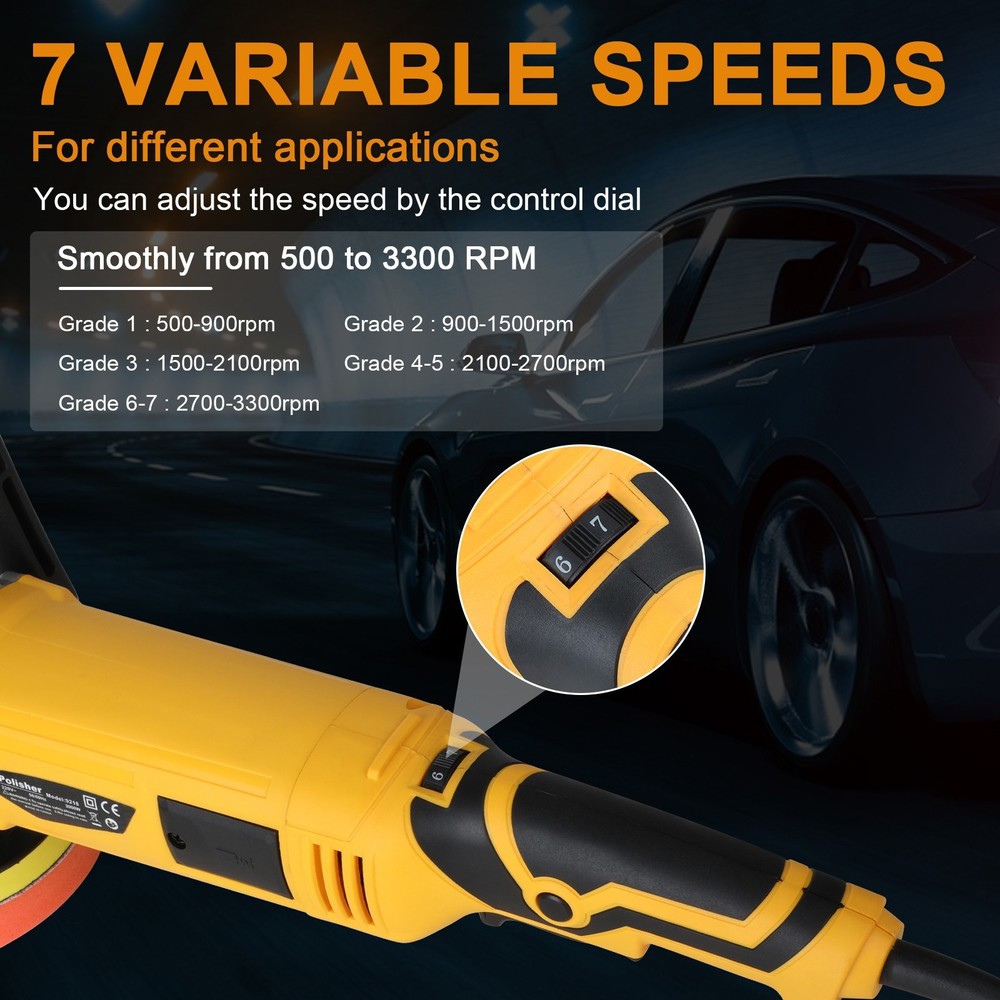 Electric Car Polisher Buffer Sander Waxer Kit Variable 7-Speed 7" 2000W W/ Pads