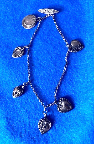 ANTIQUE STERLING ENGLISH COINS 1873 PUFFY HEARTS UNGER BROTHERS CHATELAINE PIN