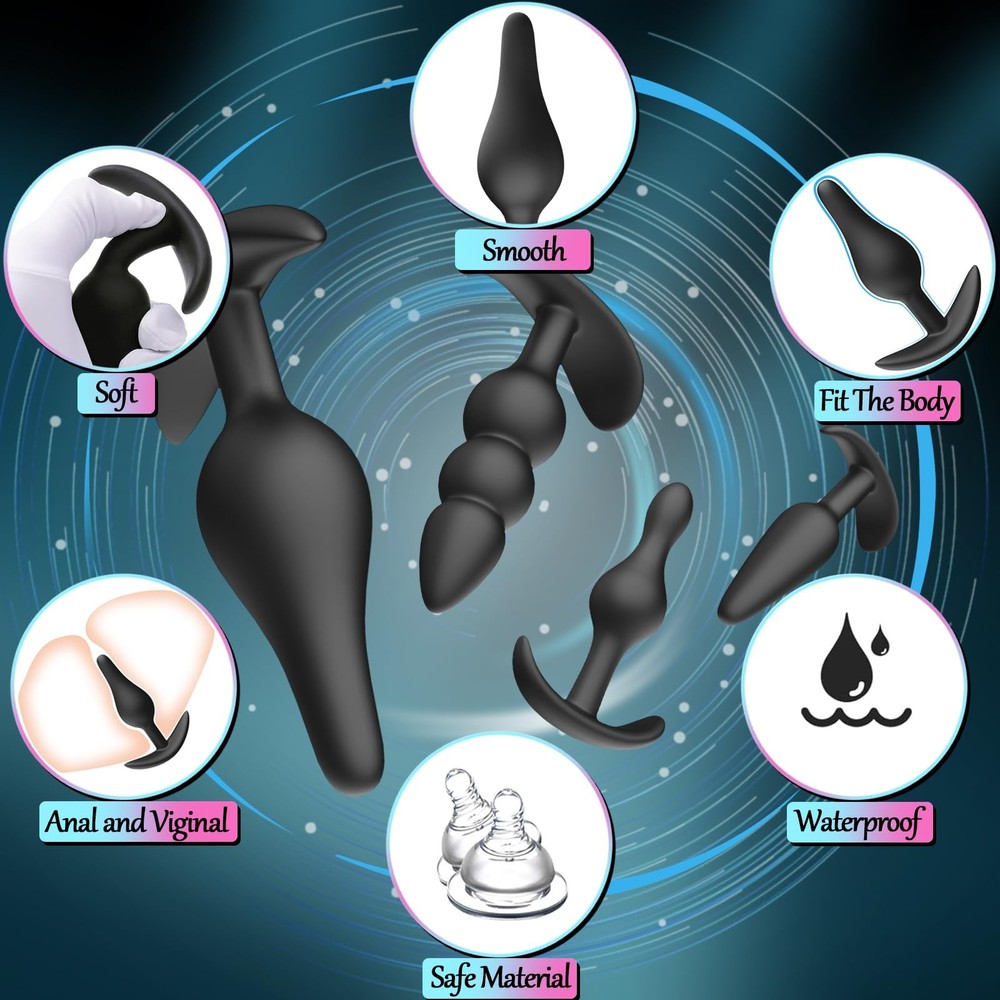 4PCS Silicone Anal Butt Plug Set, Beginner to Advanced, Trainer Kit with Flar...
