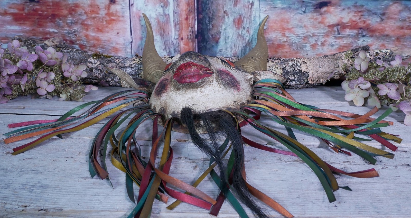 Coconut Goat Mask with Hair Beard Real Horns Handmade Guerrero Mexican Folk Art