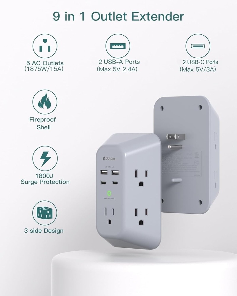 Surge Protector Outlet Extender Multi Plug Wall 2C2A-PD20W Gray
