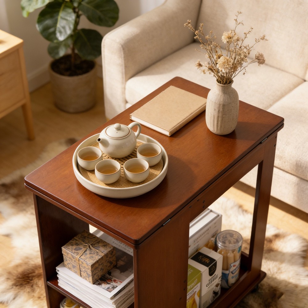 Bamboo folding edge table with movable storage, foldable tabletop suitable for