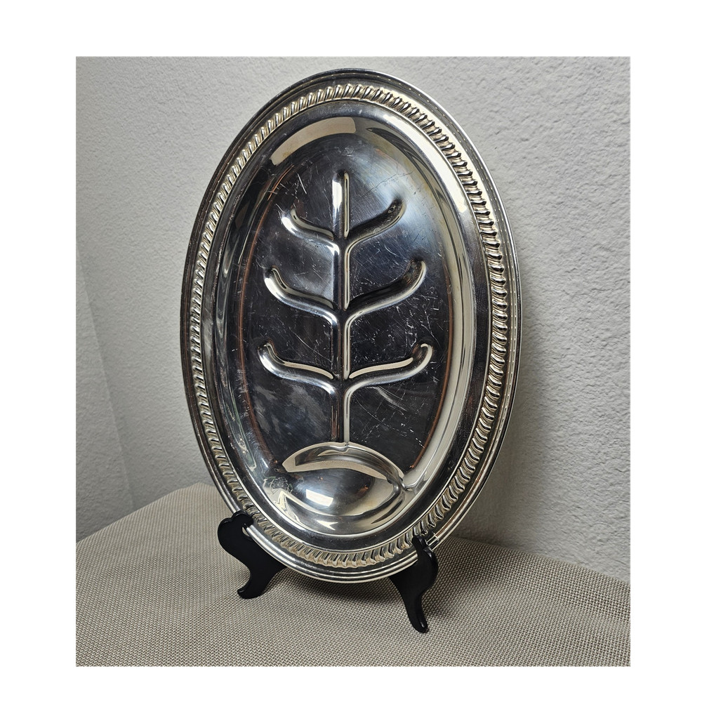 Silver Plate Meat Serving Tray Tree Design Ornate Edge 16" x 11"