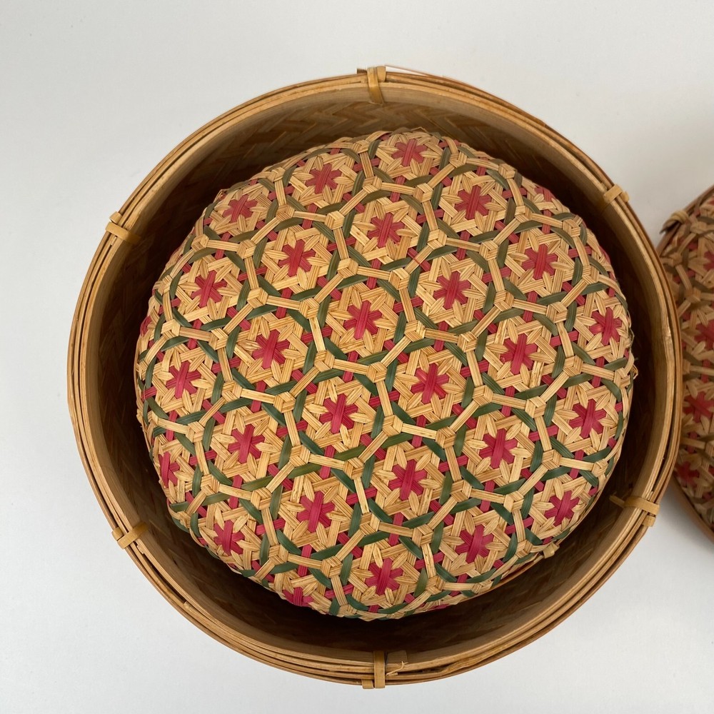 Thai Handicraft Bamboo Nesting Boxes Pikul Pattern Basket Set 2 EUC Decor