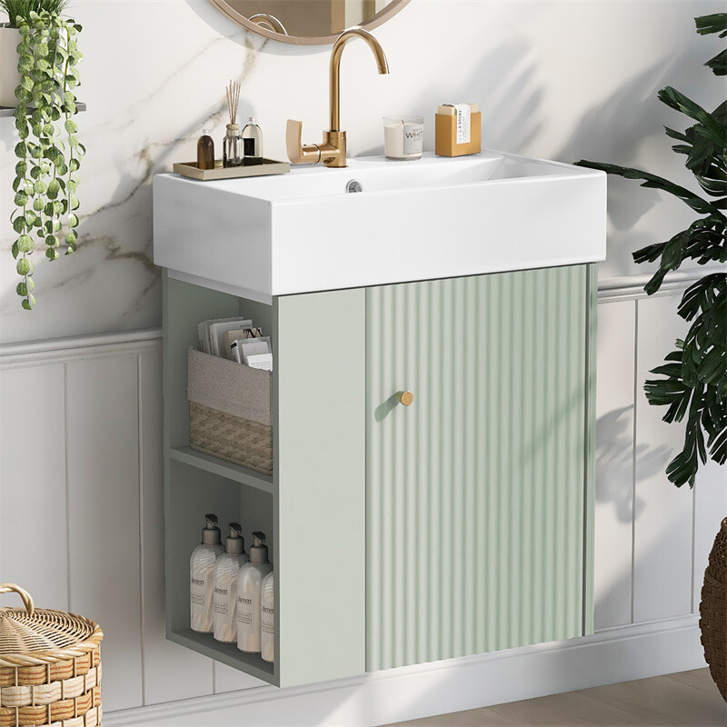 21.6" Modern Small Floating Bathroom Vanity w/Ceramic Basin & Left Side Storage