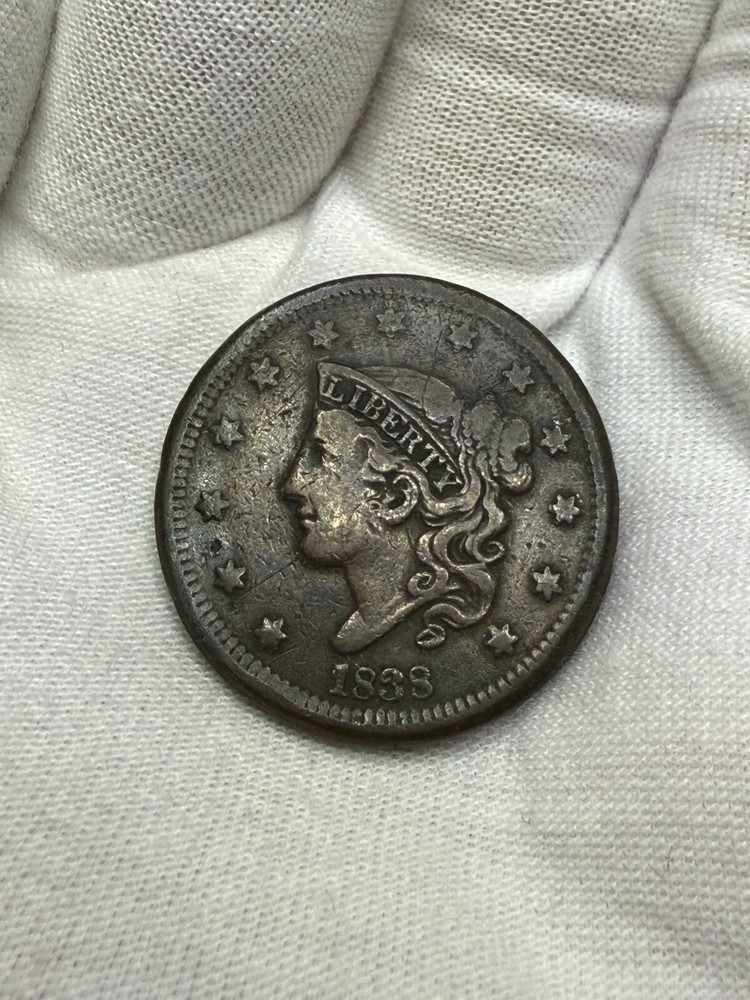 1838 CORONET LARGE CENT, VF T143