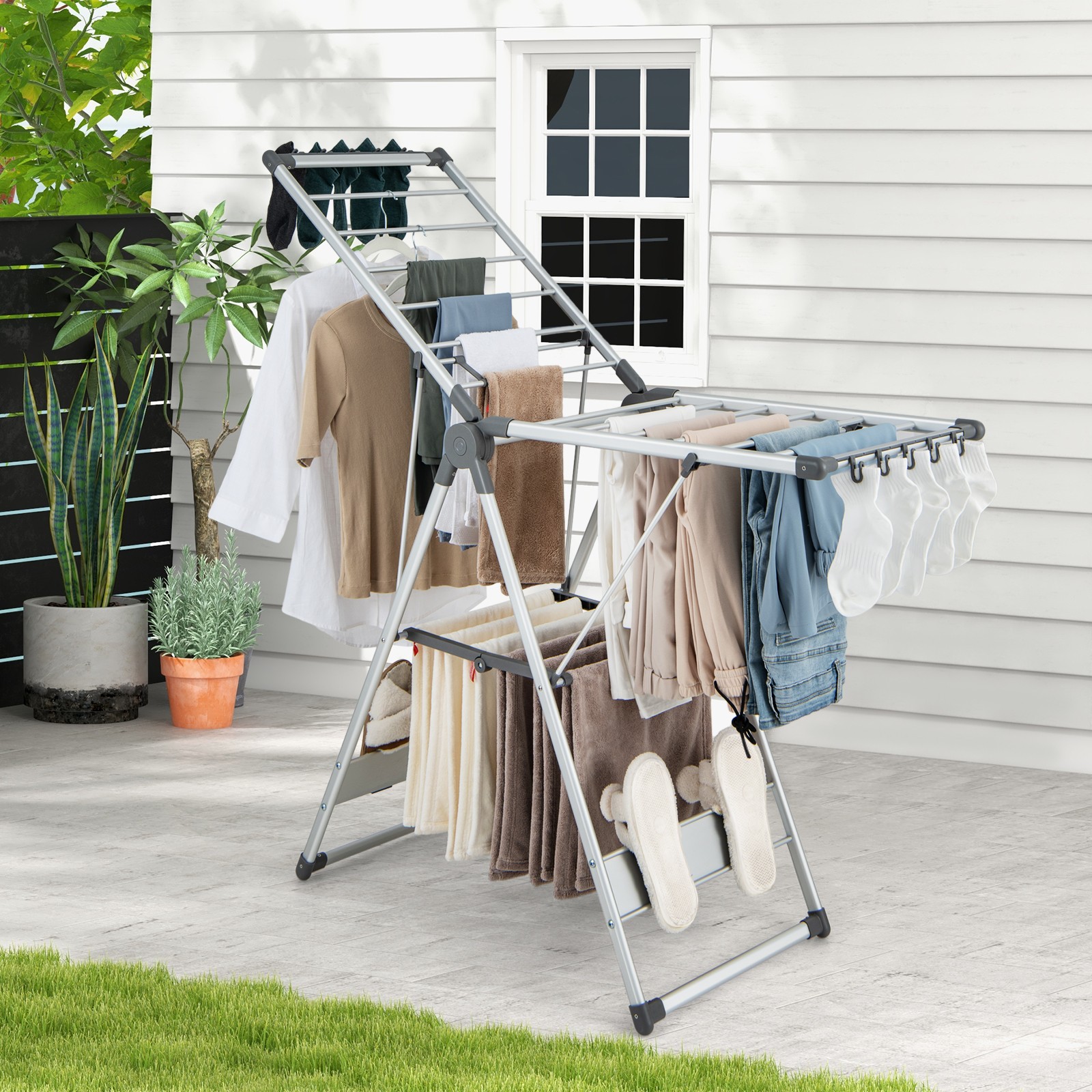 2-Tier Aluminum Collapsible Laundry Clothes Drying Rack w/ Anti-Slip Foot Pads
