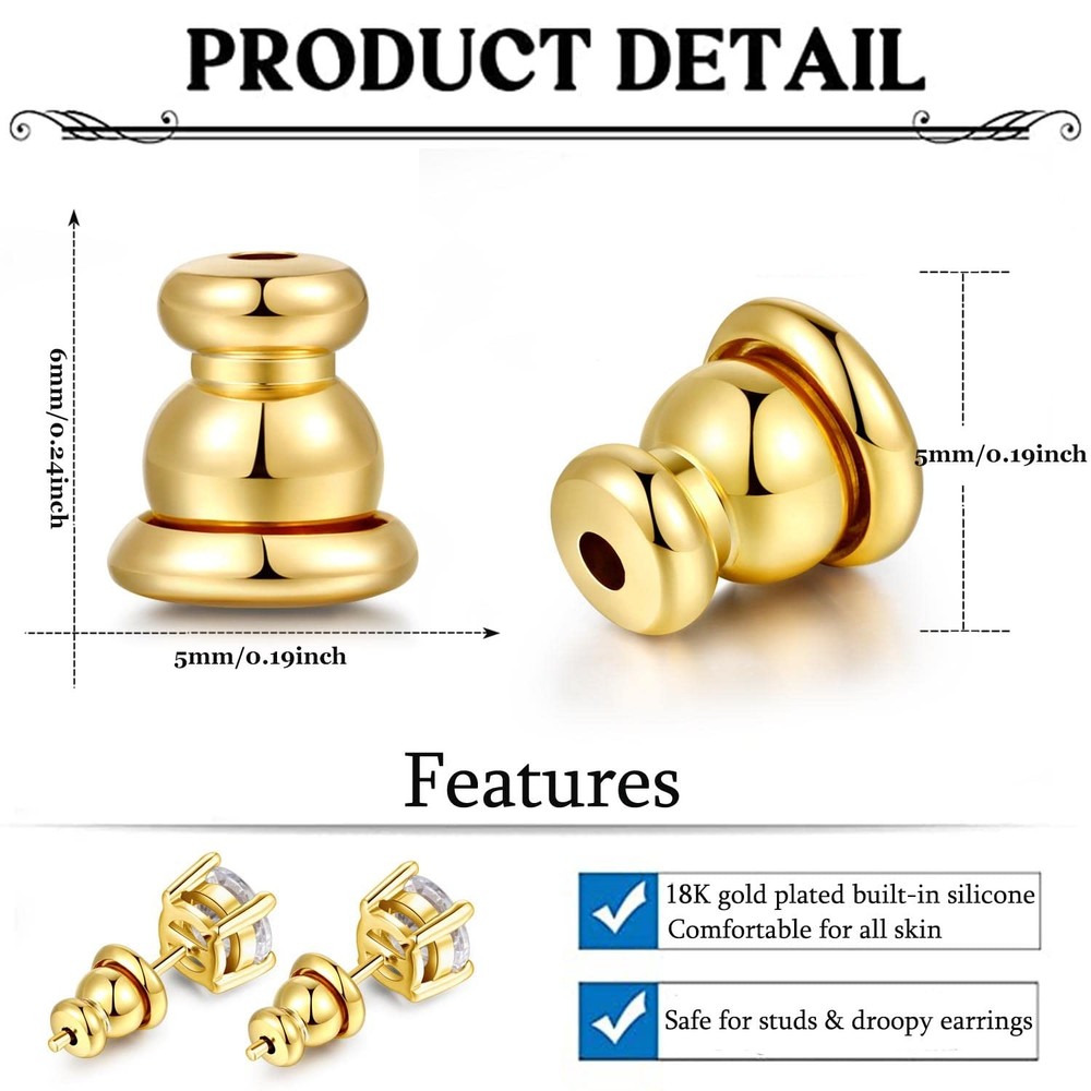 Moconar Locking Earring Backs For Studs, Hypoallergenic 18K Gold Bulle