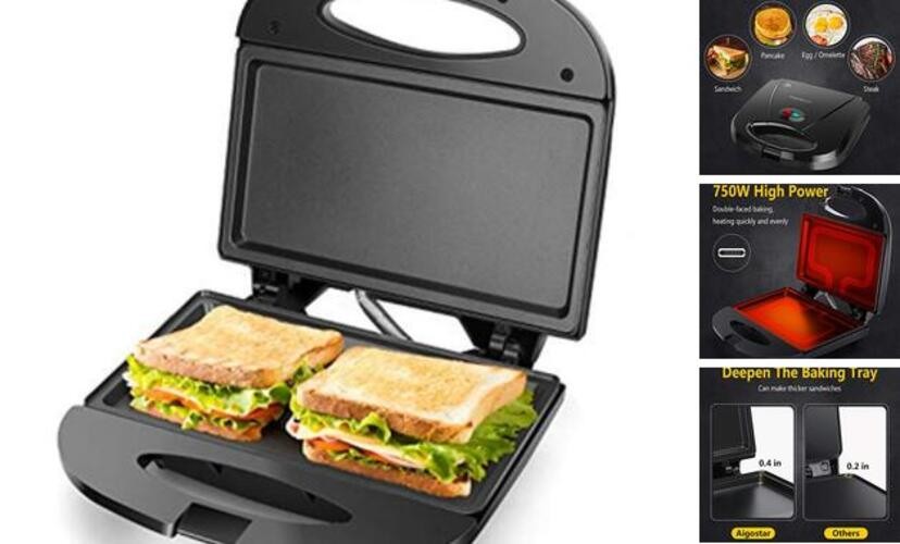 Sandwich Maker with Non-stick Deep Grid Surface for Egg, Ham, Steaks Compact