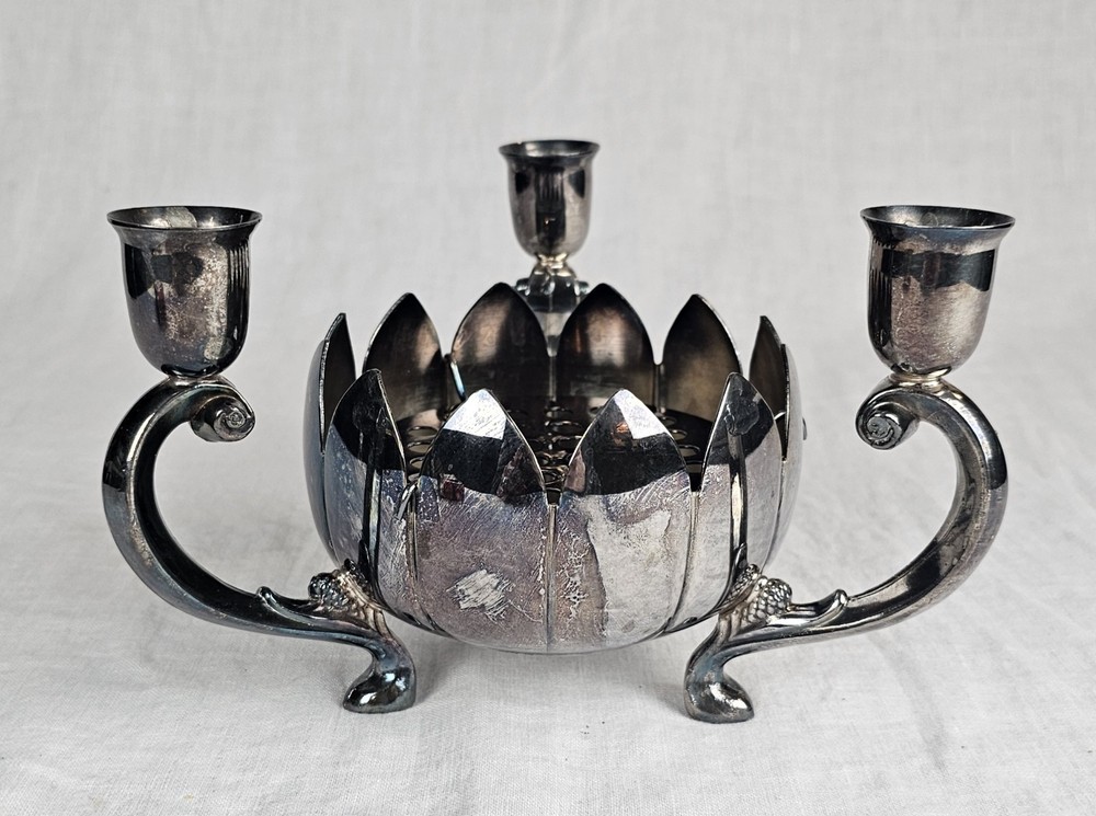 Vintage Leonard Silver Plate Lotus Flower Frog 3 Candle Stick Holder Centerpiece