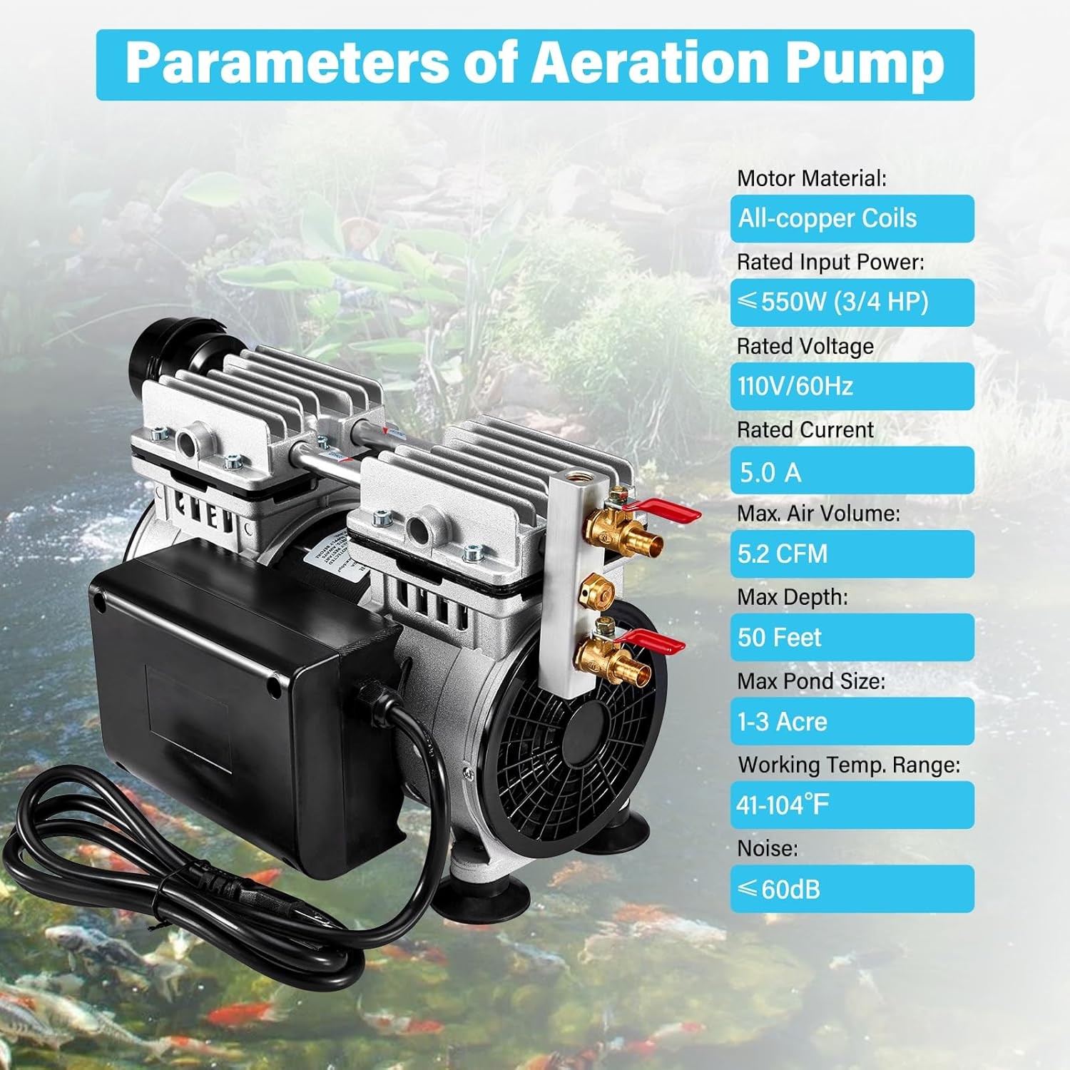 Pond Aerator Lake Pond Aeration Kit 3/4 HP w/ 2x98' Tubes 2x10.4" Diffusers