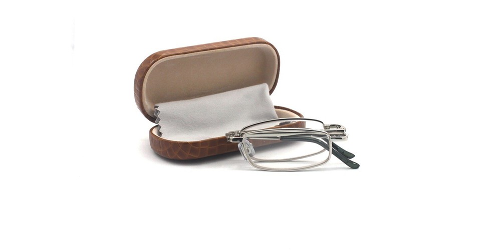 EYEZOOM Compact Rectangular Metal Folding Reading Glasses with Leather Case