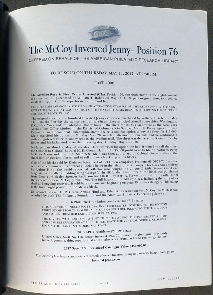 The McCoy Inverted Jenny • Position 76 C3a - Siegel Auction 1157 Reference Guide