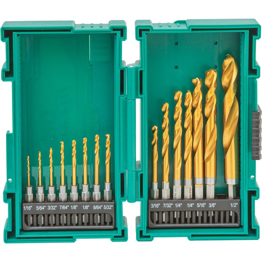 T33840 M2 HSS TiN-Coated Quick-Release Hex Shank Drill Bit Set, 15 Pc.