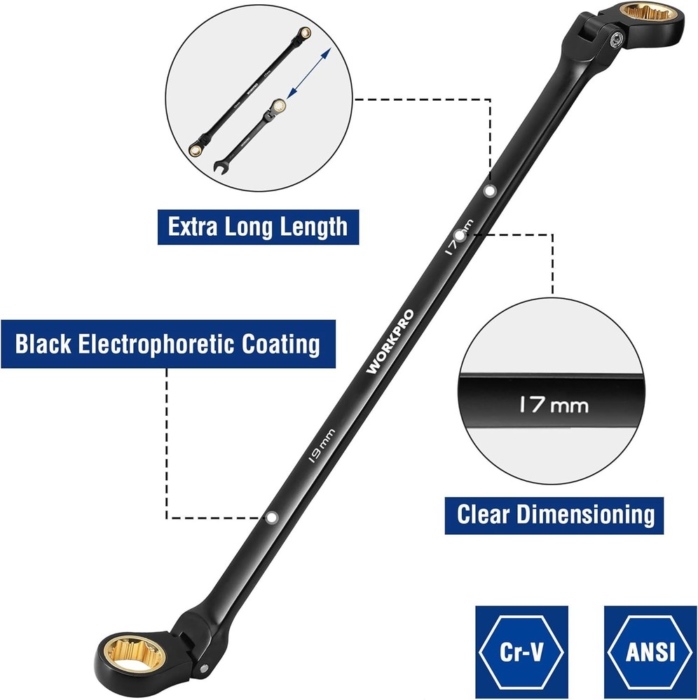 WORKPRO Extra Long Flex-Head Ratcheting Wrench Set
