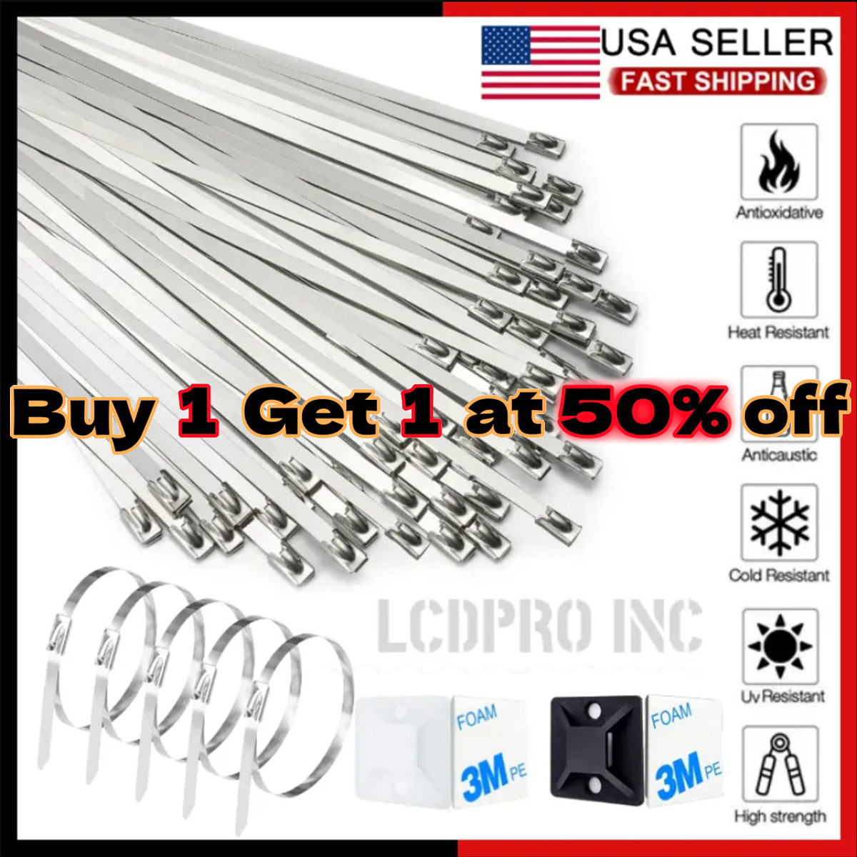 100PCS Metal Zip Ties Stainless Steel Heavy Duty Self-Locking Cable Ties Lock US
