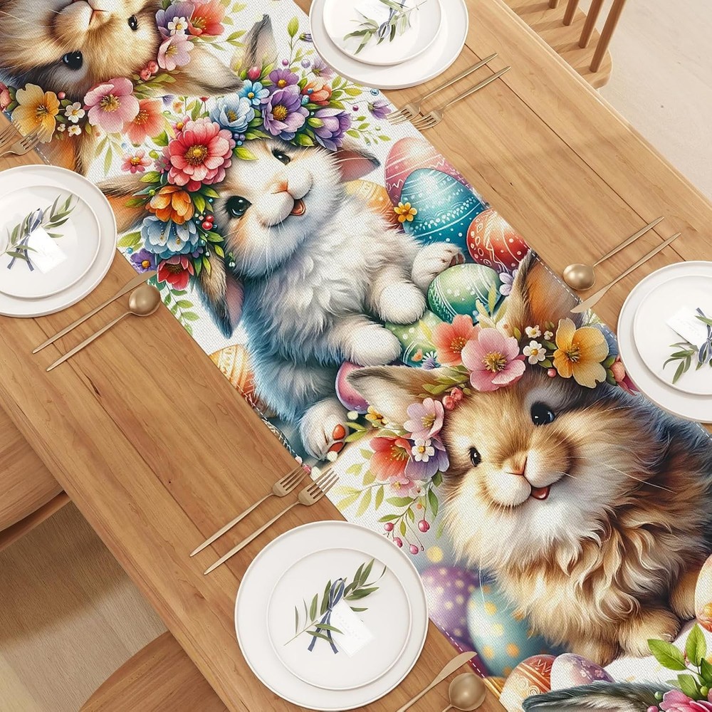 Watercolor Bunny Rabbit Flower Easter Table Runner Easter Spring Summer Home Kit