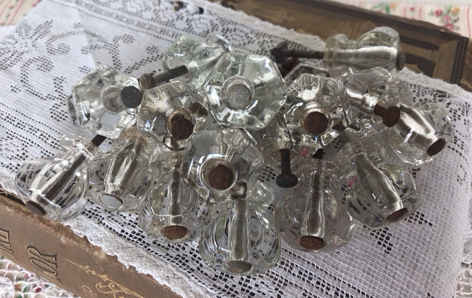 Lot Vintage Solid Clear Glass Drawer Pulls Knobs 6-sided Upcycle Recycle