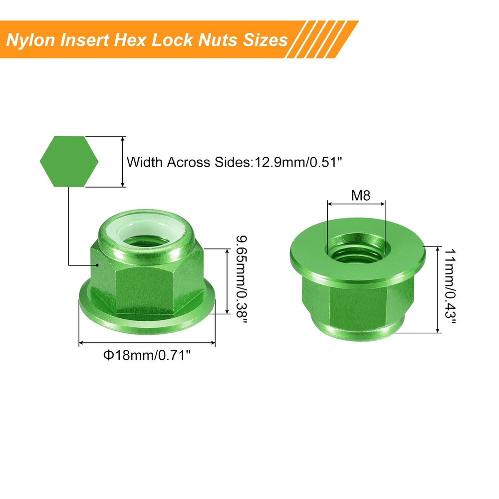 Nylon Insert Hex Lock Nuts, 8pcs - M8x1.25mm Self-Locking Nut(Green)
