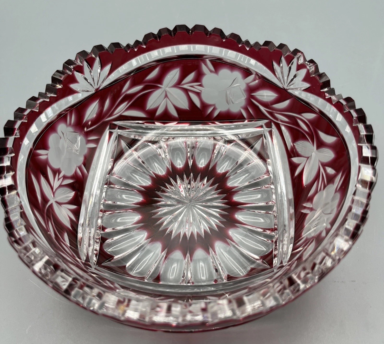 Vintage Ruby Red Cut to Clear Crystal Bowl Sawtooth Rim Etched Roses Starburst