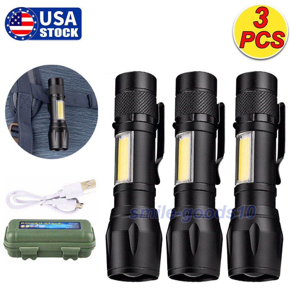3 Pack Tactical LED Flashlight High Powered 3 Mode Zoomable Rechargeable Lamp