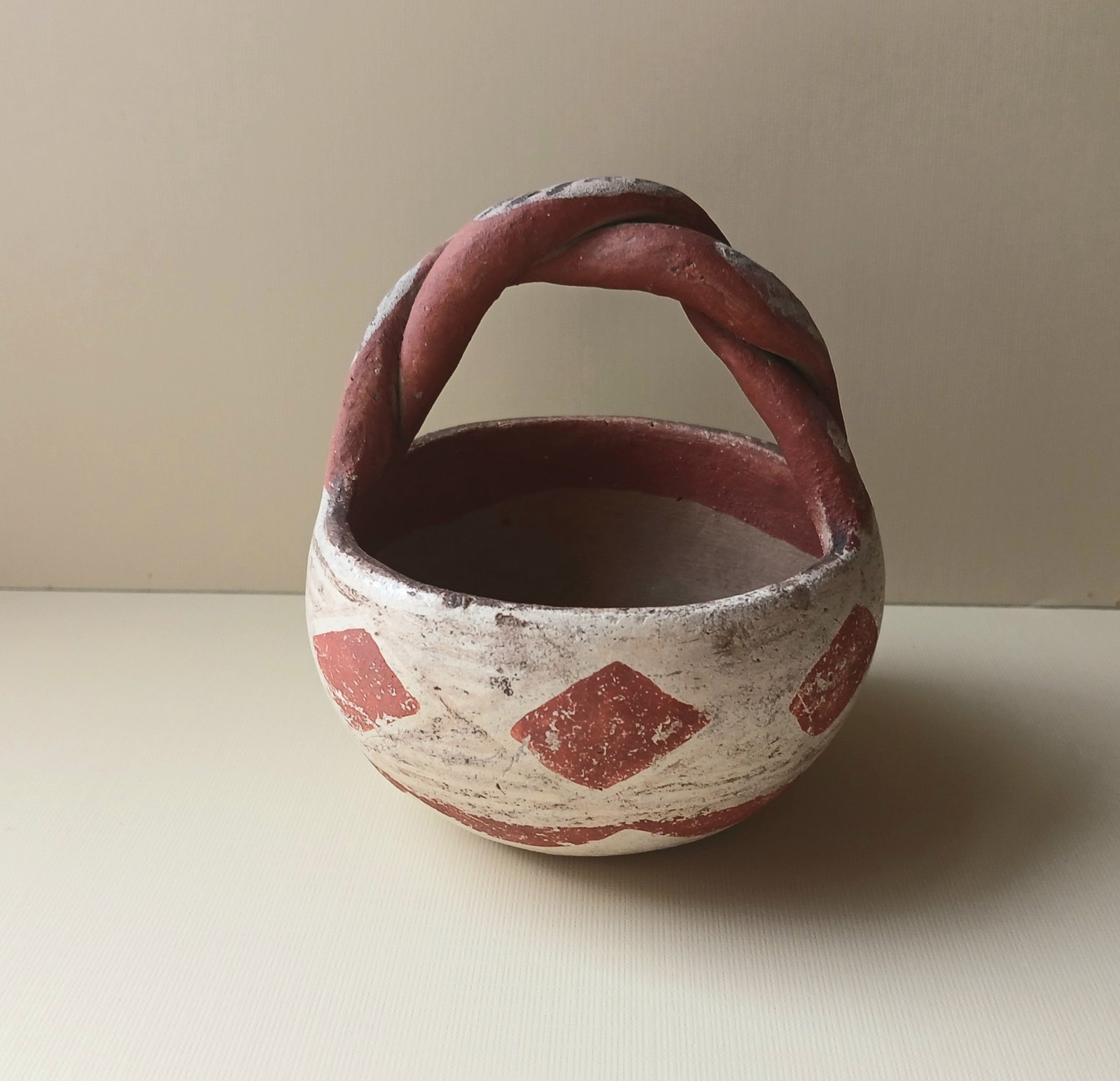 Antique Isleta Pueblo Pottery Basket Twist Handle, Hand Painted Designs, #2